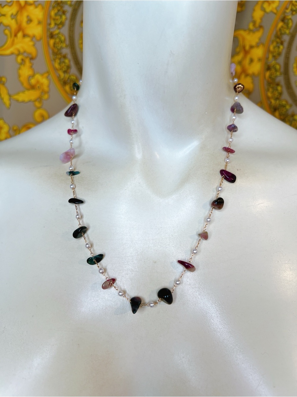 Pink green quartz agate Pearl 18k yellow gold filled 16” to 19” necklace gem